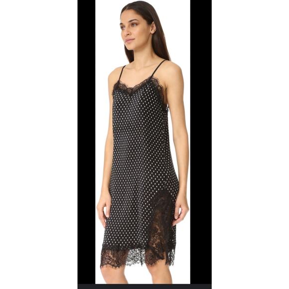 Free People Black & White Polka Dot Lace Trim Slip Dress Size 10 Coquette Retro - Picture 1 of 11